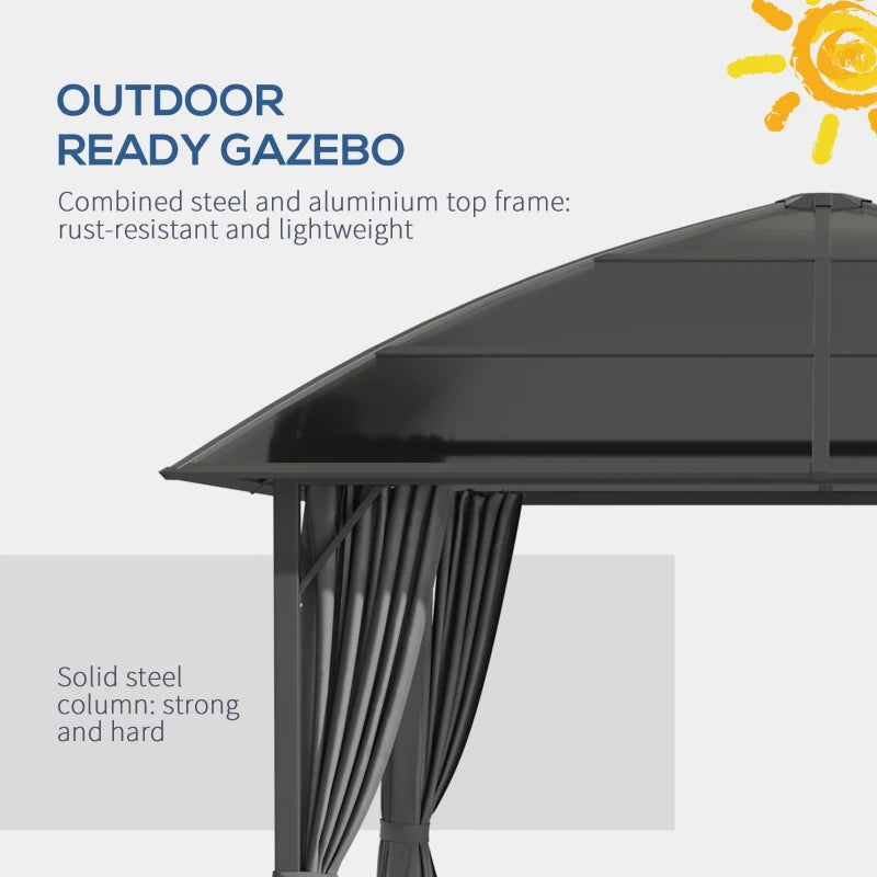 Outsunny 10' x 10' Outdoor Gazebo Canopy, Hardtop Gazebo with UV60+ Polycarbonate Roof, Steel Frame, Central Hook, and Curtains, for Garden, Lawn, Backyard, Deck, Dark Grey 