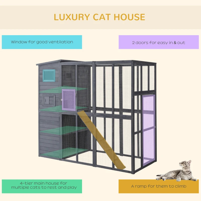 PawHut Outdoor Wooden Catio with 4 Tier Main House, Ramp, Platforms, Asphalt Roof, Ramps, Sliding Door, Window, Grey 