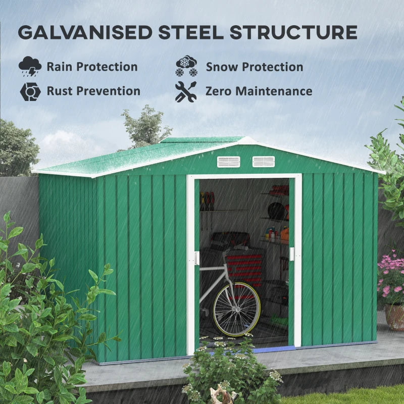 Outsunny 9.1' x 6.4' x 6.3' Garden Storage Shed w/Foundation Kit Outdoor Patio Yard Metal Tool Storage House w/ Double Doors Green