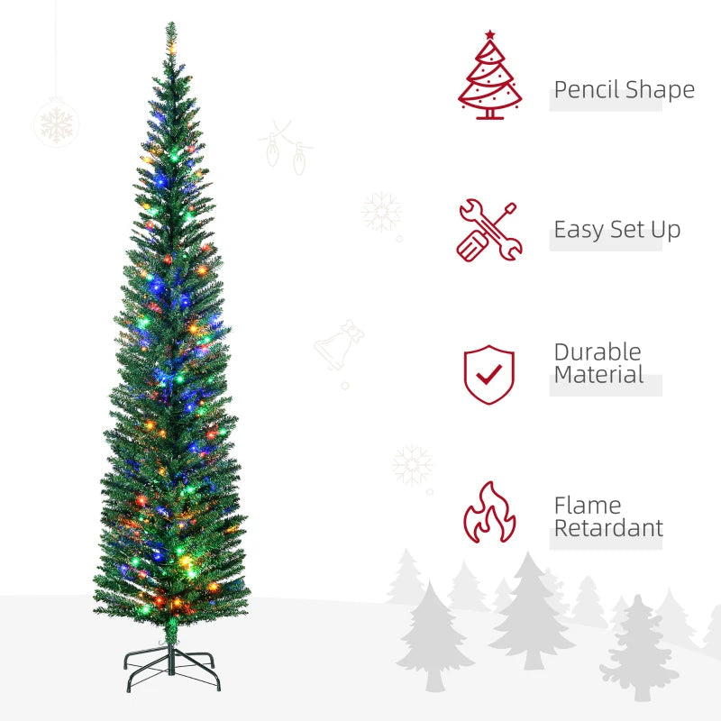 HOMCOM 7.5ft Artificial Pencil Christmas Tree – Colourful LED Lights, Steel Base, Slim Shape Holiday Decoration 