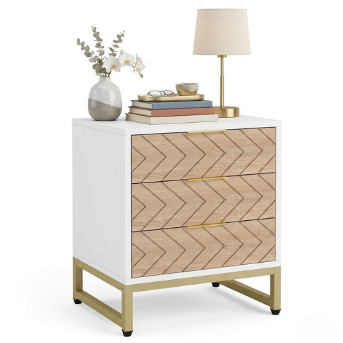 Modern 3-Drawer Nightstand with Metal Frame, Stylish Bedside End Table