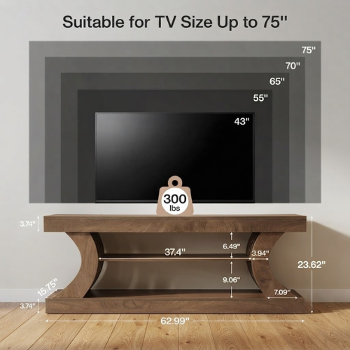 TV Stand 63" Entertainment Center with 3-Tier Storage Shelf for TVs up to 75" with Curved Side Supports and Open Shelves Brown