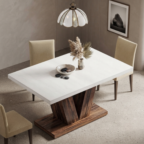 47" Farmhouse Dining Table, White & Oak Wooden Kitchen Table with Pedestal Base, 4–6 Seater