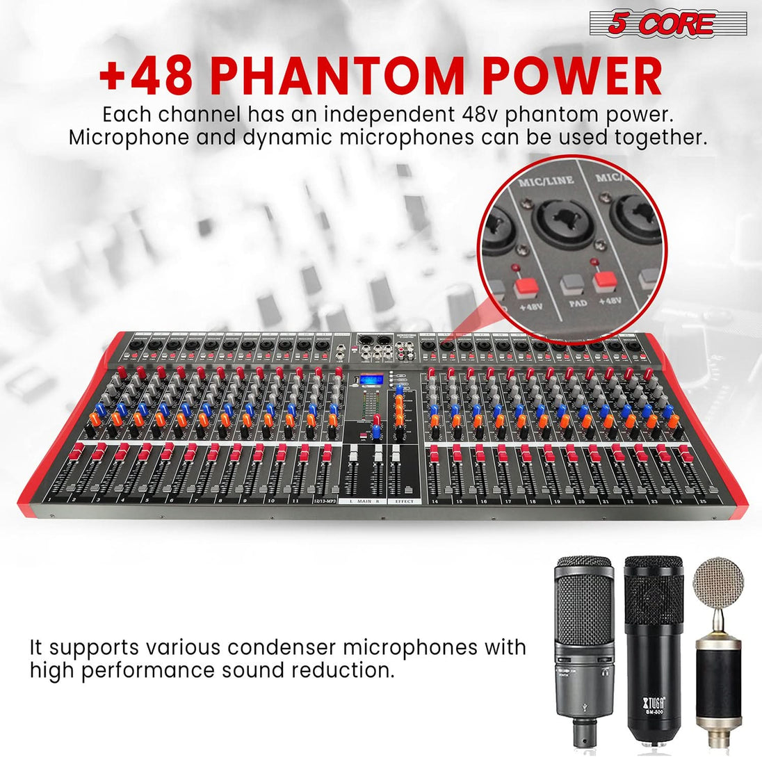 5Core Audio Mixer 24 Channel DJ Mixing Board Bluetooth USB Analog Professional Mezclador De Audio