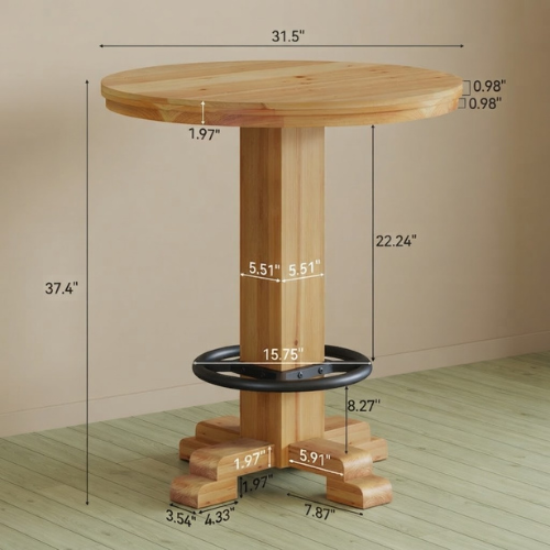 31.5" Round Solid Wood Bar Table, 37.4" High Bistro Cocktail Table with Crossed-Leg Base & Metal Footrest