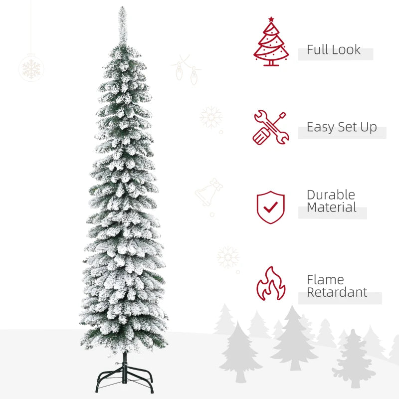 HOMCOM 7ft Snow-Flocked Artificial Christmas Tree – Slim Pencil Design, 490 Realistic Branches, Metal Base, Green 
