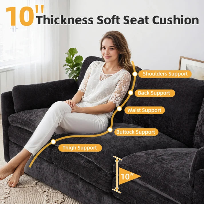 89-Inch Chenille Sofa – Modern 3-Seater Couch with 2 Removable Pillows, Black