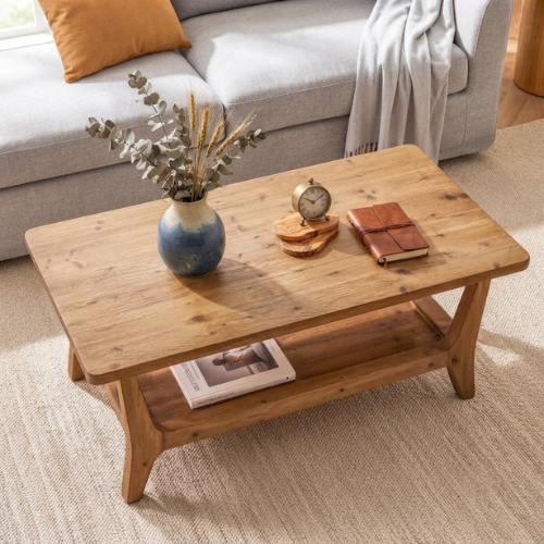47" Solid Wood Coffee Table with 2-Tier Storage Shelf, Rustic Center Table for Living Room