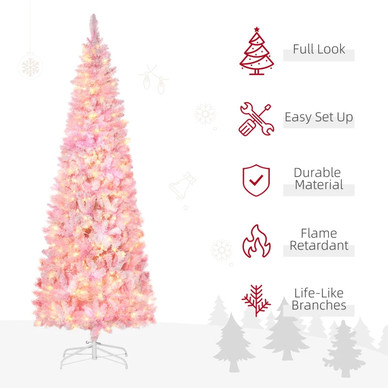 HOMCOM 7.5ft Prelit Snow-Flocked Artificial Christmas Tree – Pencil Shape, 700 Realistic Pine Branches, Warm White LED Lights, Auto Open, Pink & White 
