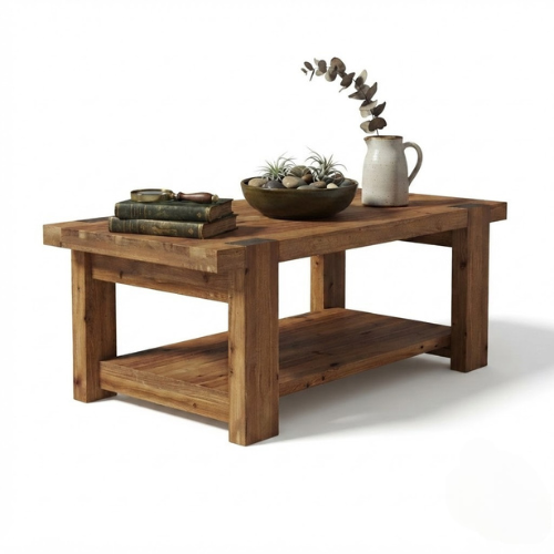 Wood Coffee Table 47.2" Solid Wood Rectangle Center Table with 2-Tier Storage Shelf and Thick Tabletop Rustic Brown