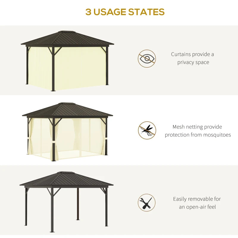 Outsunny 10' x 12' Outdoor Hardtop Gazebo Metal Roof Patio Gazebo with Aluminum Frame, Mesh Nettings, Curtains and Roomy Interior Space, Beige