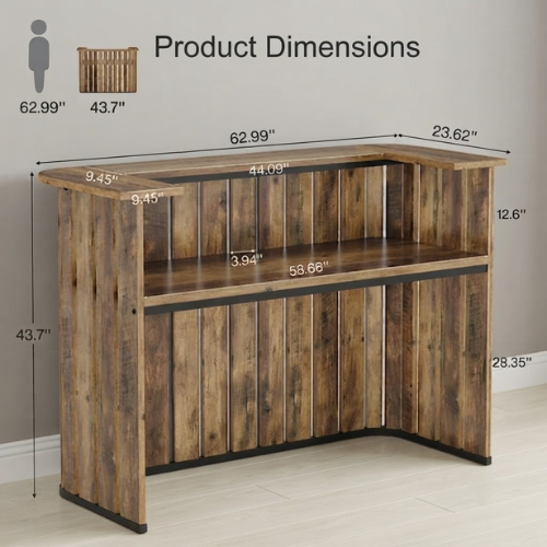 Reception Desk 63" U-Shaped Front Desk with Counter Two-Tier Workspace Slatted Panel Modern Office Retail Counter Rustic Brown