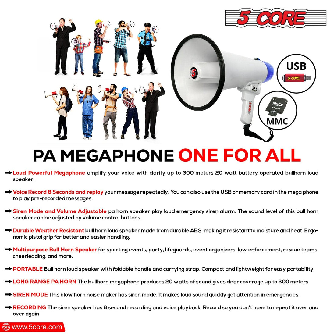 5Core Megaphone Bullhorn Speaker 20W Bull Horn Battery Power Cheer Megafono Loudspeaker USB