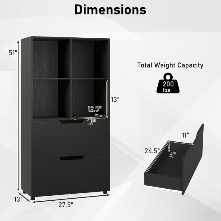 4-Cube Bookcase with 2 Drawers 51 inch 5-Tier Tall Freestanding Bookshelf-Black