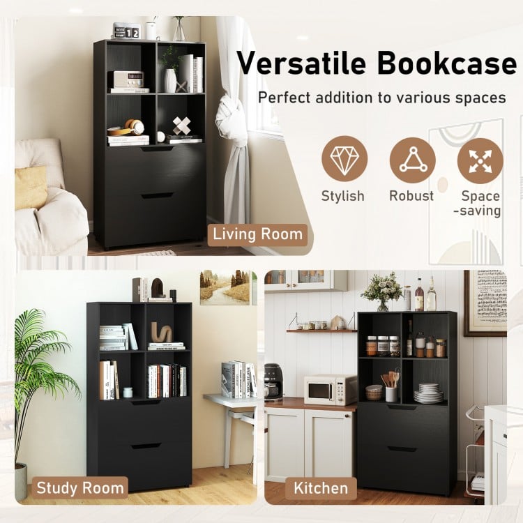 4-Cube Bookcase with 2 Drawers 51 inch 5-Tier Tall Freestanding Bookshelf-Black