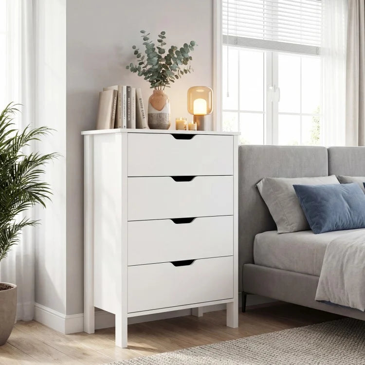 4-Drawer Wooden Dresser Storage Cabinet, Modern Chest of Drawers with Anti-Tip Safety Kits, White