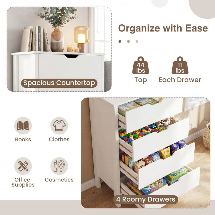 4-Drawer Wooden Dresser Storage Cabinet, Modern Chest of Drawers with Anti-Tip Safety Kits, White