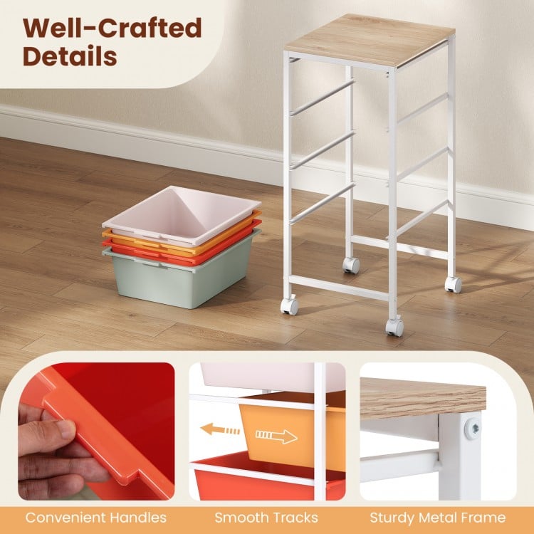 4-Drawer Rolling Storage Cart Mobile Utility Organizer with Wooden Tabletop and Lockable Wheels-Macaron