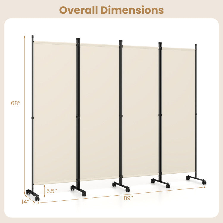 4-Panel Folding Room Divider with Lockable Wheels – Privacy Screen