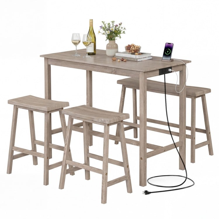 4-Piece Counter Height Dining Table Set with Power Outlet Solid Rubber Wood Kitchen Table-Light Gray