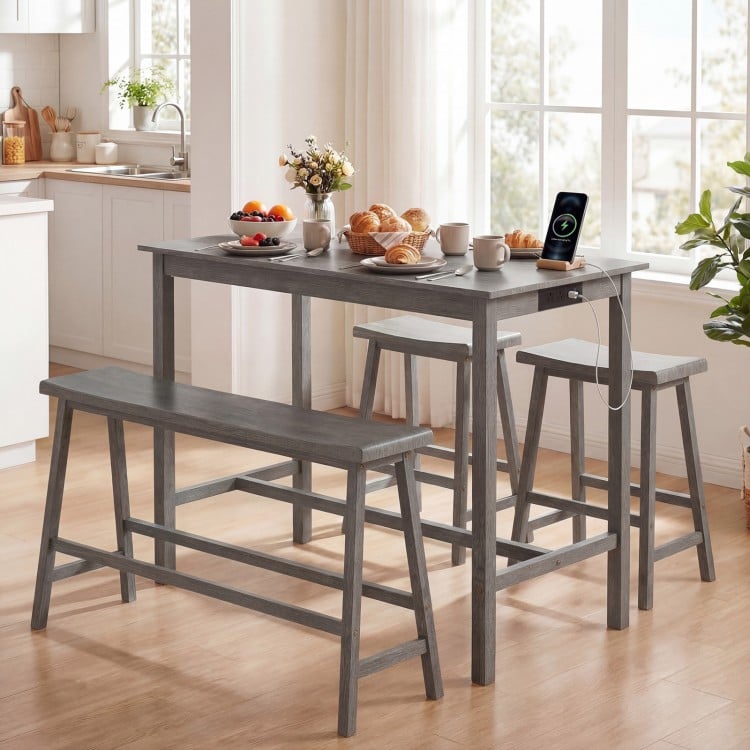 4-Piece Counter Height Dining Table Set with Power Outlet Solid Rubber Wood Kitchen Table-Gray