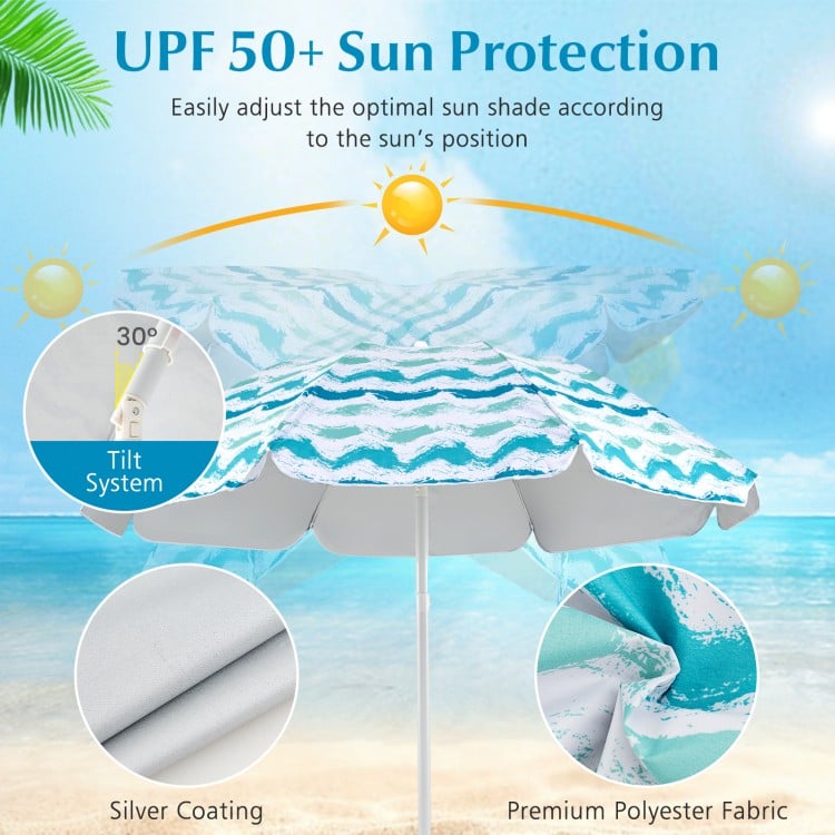 4 Pieces Beach Umbrella Set with 2 Foldable Chairs and Picnic Blanket-Blue