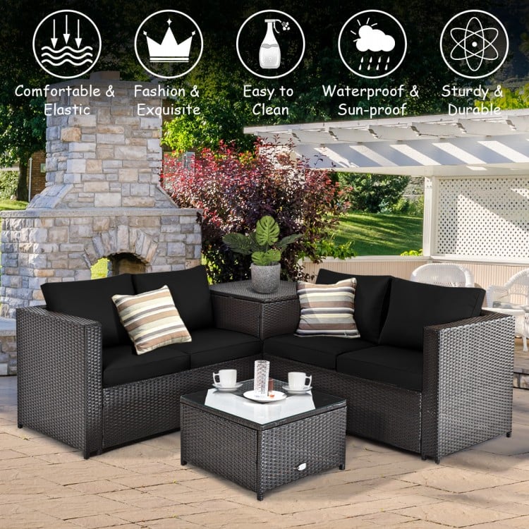 4 Pieces Outdoor Patio Rattan Furniture Set with Loveseat and Storage Box-Black