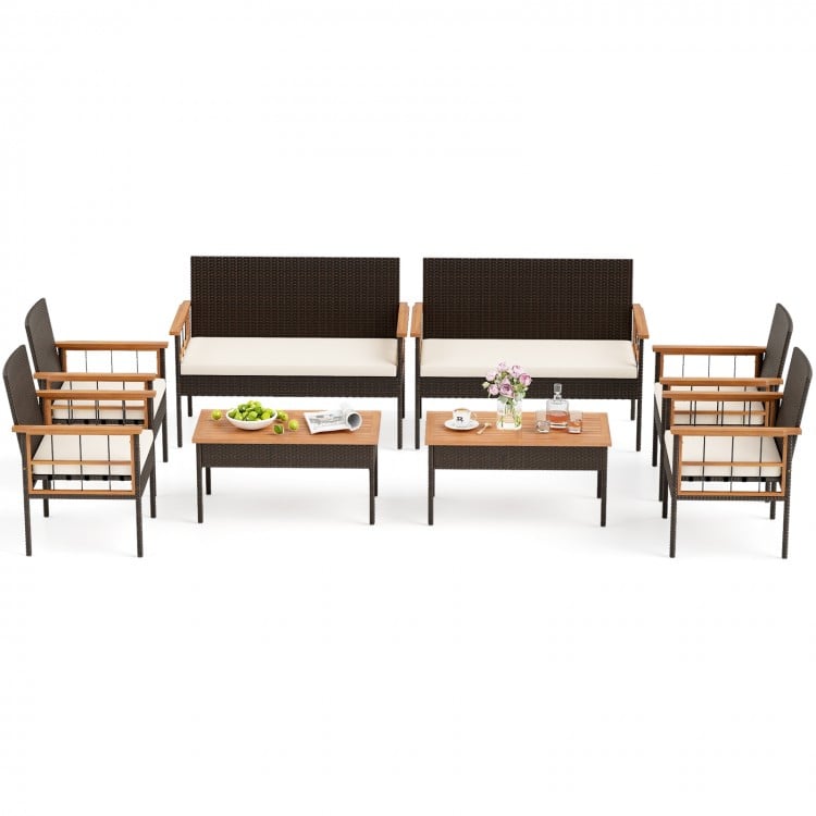 4 Pieces Wicker Furniture Set with Acacia Wood Tabletop and Armrests for Porch-White