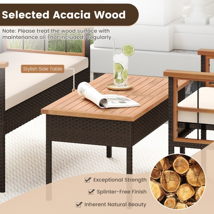 4 Pieces Wicker Furniture Set with Acacia Wood Tabletop and Armrests for Porch-White