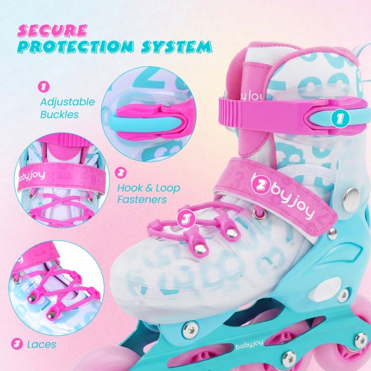 4-Size Adjustable Kids Inline Skates for Beginners Ages 5-7-Blue and Pink