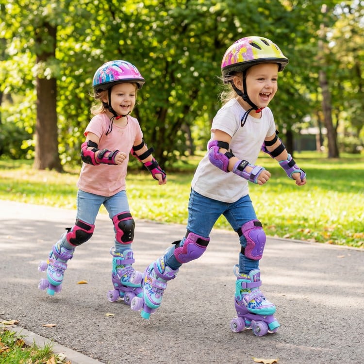 4 Sizes Adjustable  Kids Roller Skates with Light-up Wheels and Safety Protection-Purple