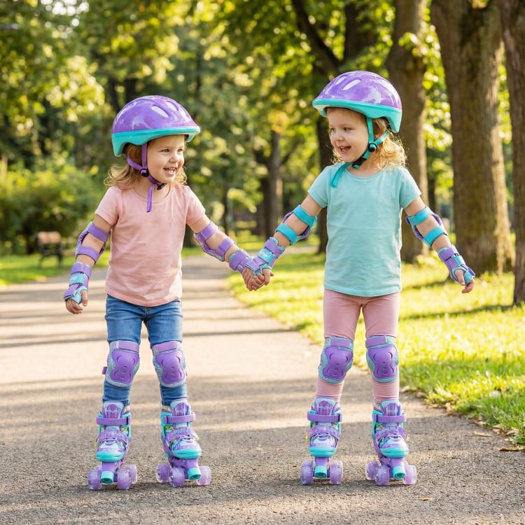 4 Sizes Adjustable  Kids Roller Skates with Light-up Wheels and Safety Protection-Purple