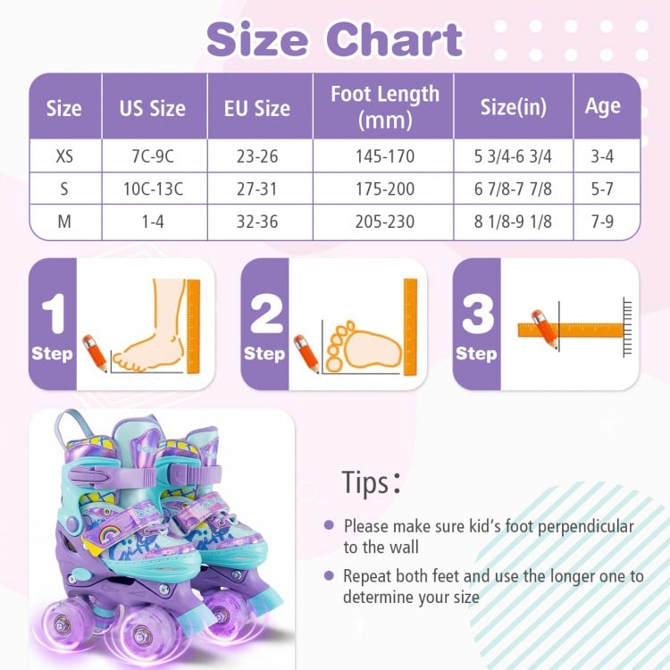 4 Sizes Adjustable  Kids Roller Skates with Light-up Wheels and Safety Protection-Purple