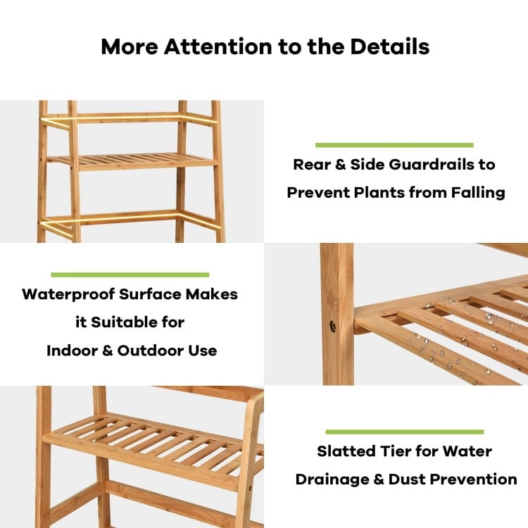 4-Tier Bamboo Plant Rack with Guardrails Stable and Space-Saving-Natural