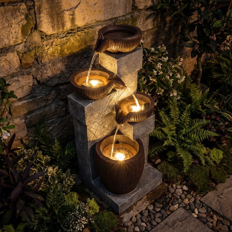 4-Tier Cascading Bowl Outdoor Water Fountain with LED Lights