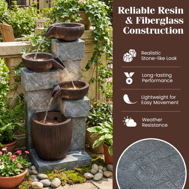 4-Tier Cascading Bowl Outdoor Water Fountain with LED Lights