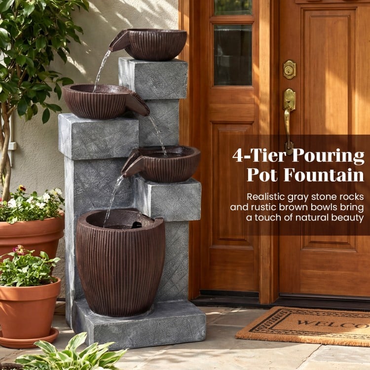 4-Tier Cascading Bowl Outdoor Water Fountain with LED Lights