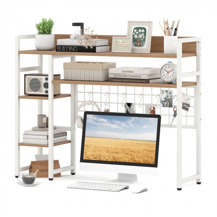 4-Tier Desk Shelf Desktop Display Rack with Metal Grid Panel and 6 Hooks-Natural