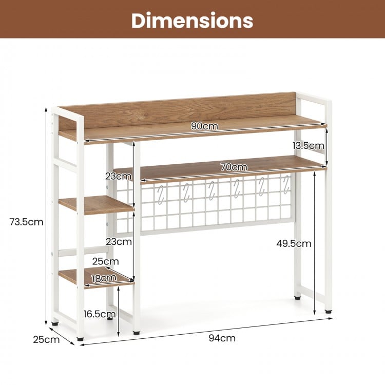 4-Tier Desk Shelf Desktop Display Rack with Metal Grid Panel and 6 Hooks-Natural