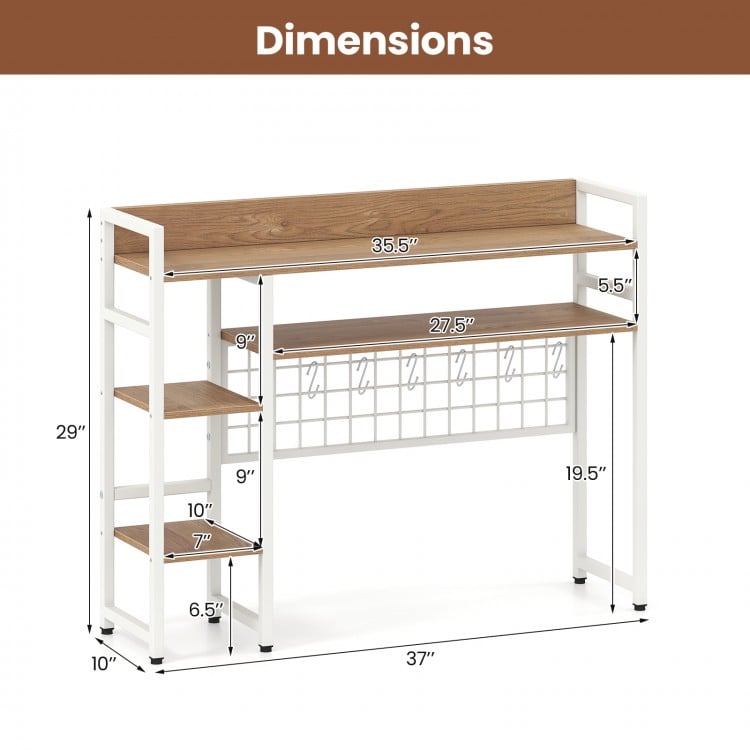 4-Tier Desk Shelf Desktop Display Rack with Metal Grid Panel and 6 Hooks-Natural