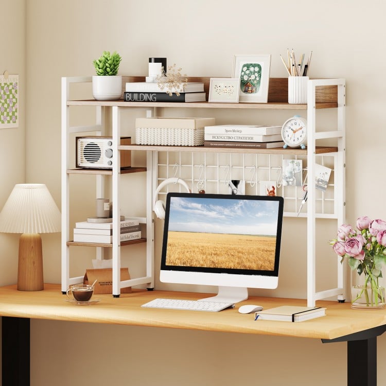 4-Tier Desk Shelf Desktop Display Rack with Metal Grid Panel and 6 Hooks-Natural