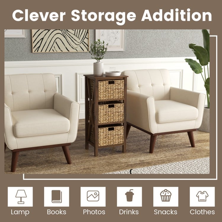 4-Tier Nightstand with 3 Seagrass Baskets Narrow X-Design-4 Tier-Rustic Brown