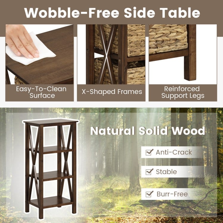 4-Tier Nightstand with 3 Seagrass Baskets Narrow X-Design-4 Tier-Rustic Brown