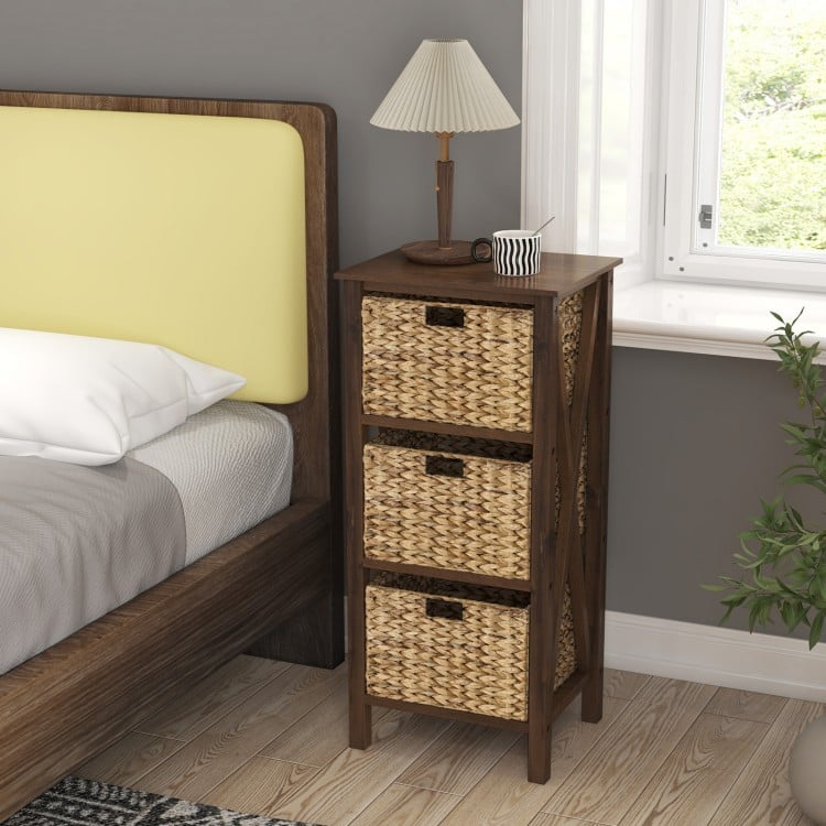 4-Tier Nightstand with 3 Seagrass Baskets Narrow X-Design-4 Tier-Rustic Brown