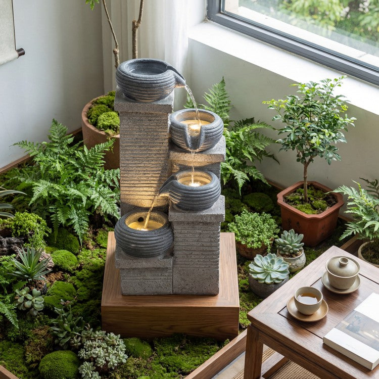 4-Tier Outdoor Water Fountain with LED Lights – Cascading Bowl Waterfall Feature for Garden, Patio & Indoor Décor