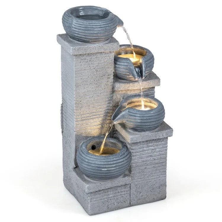 4-Tier Outdoor Water Fountain with LED Lights – Cascading Bowl Waterfall Feature for Garden, Patio & Indoor Décor