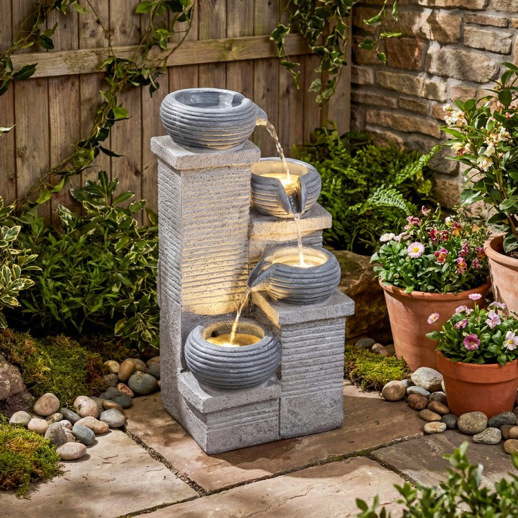 4-Tier Outdoor Water Fountain with LED Lights – Cascading Bowl Waterfall Feature for Garden, Patio & Indoor Décor