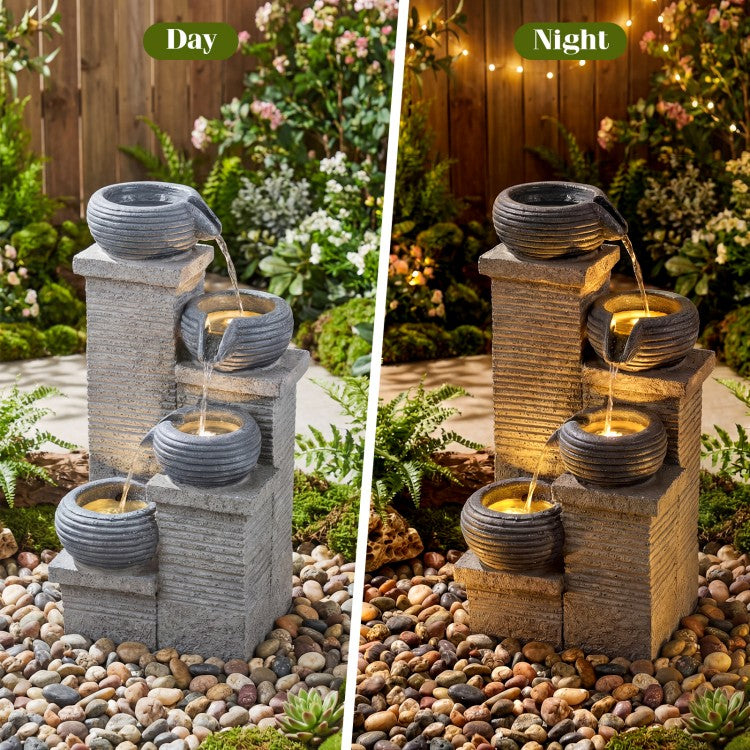 4-Tier Outdoor Water Fountain with LED Lights – Cascading Bowl Waterfall Feature for Garden, Patio & Indoor Décor