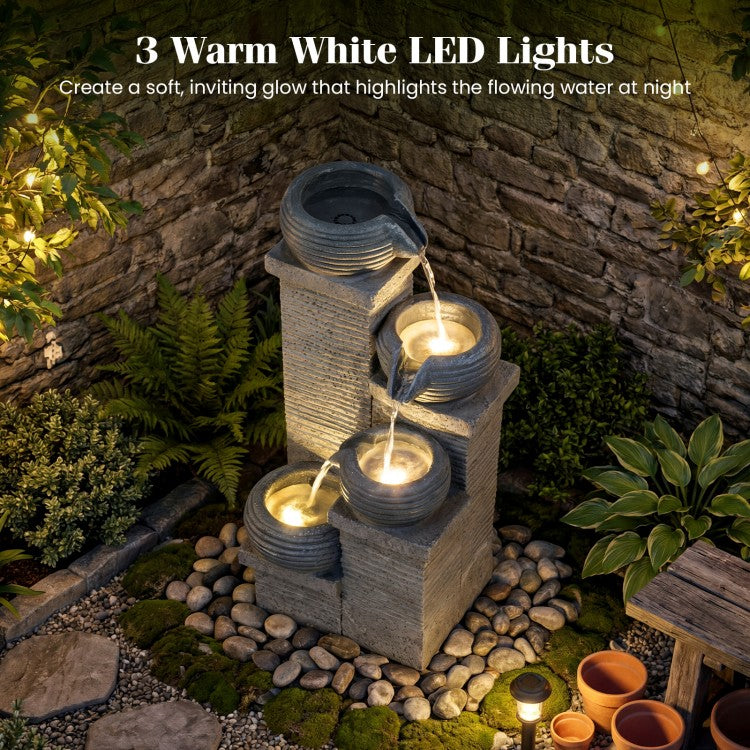 4-Tier Outdoor Water Fountain with LED Lights – Cascading Bowl Waterfall Feature for Garden, Patio & Indoor Décor