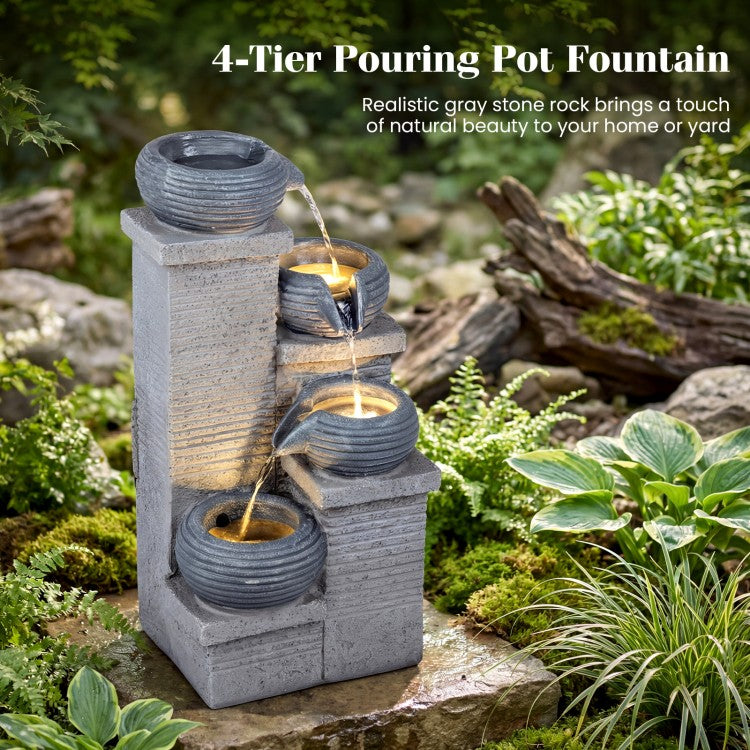 4-Tier Outdoor Water Fountain with LED Lights – Cascading Bowl Waterfall Feature for Garden, Patio & Indoor Décor